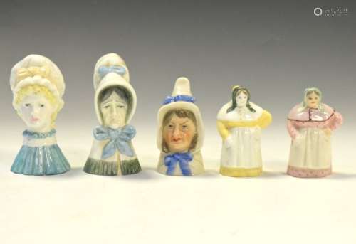 Royal Worcester candle snuffers - Old woman, mob cap, two colourways of French cook and one other