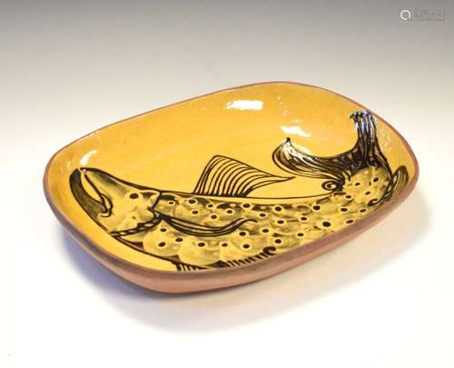 David Eeles studio pottery oblong dish with decoration of a leaping salmon, impressed mark to