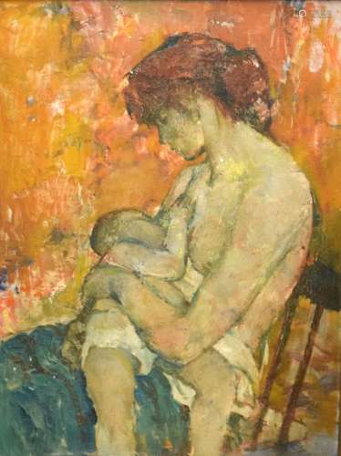 English School (20th Century) - Oil on canvas board - Mother and child, she feeding her baby,
