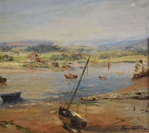 Beryl Critchley (20th Century) - Oil on board - Estuary scene with moored boats, signed lower right,