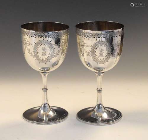 Pair of Victorian silver goblets with engraved decoration, Birmingham 1866, 12cm high, 6.0toz approx
