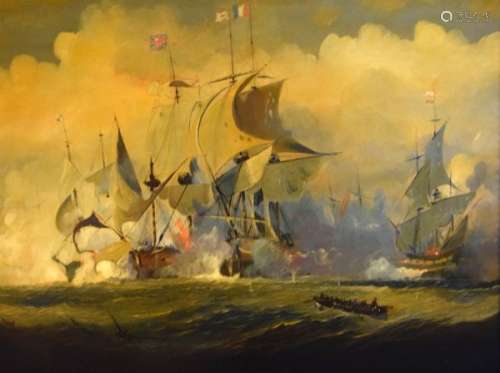Oil on board depicting a sea battle between the English and French fleets, figures in a rowing