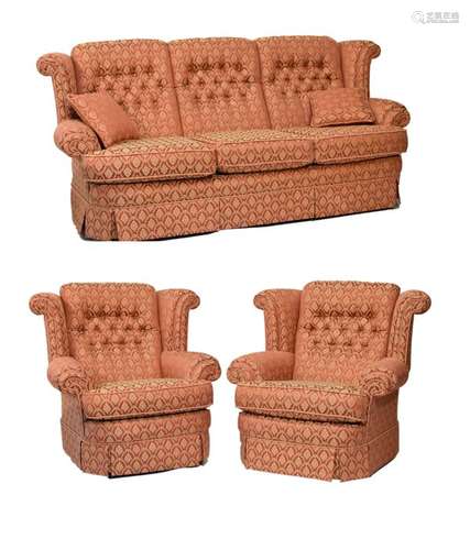 Modern three piece suite comprising: deep buttoned three seater settee with scroll back and arms,