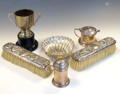 Various silver items to include; George V silver butter dish, London 1910, pair of silver backed