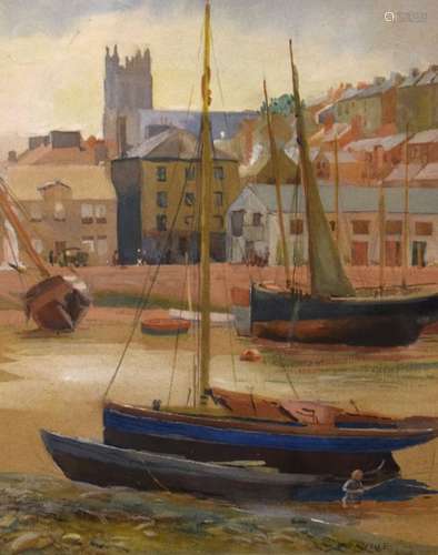 A.L. Payne (20th Century) - Watercolour - Coastal harbour scene with moored fishing boats, signed