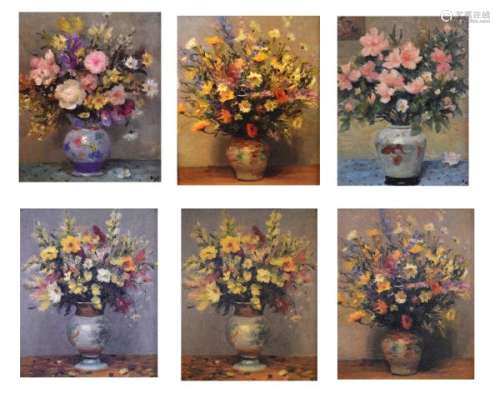 Group of oil paintings and prints depicting still-lifes of vases of flowers, the pair of oil