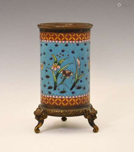 Late 19th Century French champlevé enamel cylindrical pot in the manner of Barbedienne with