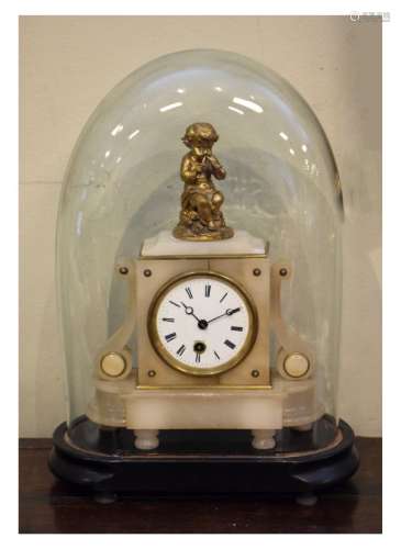 Late 19th Century French gilt spelter and alabaster mantel clock with white Roman dial and single-
