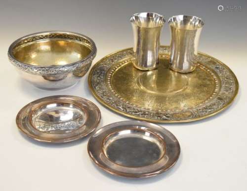 Assorted metalwork to include; Renaissance style engraved brass circular tray with mixed metal