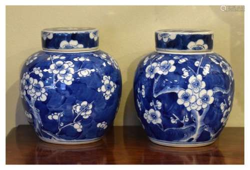 Pair of Oriental porcelain blue and white ginger jars and covers having allover prunus blossom