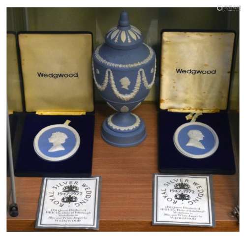 Wedgwood - Limited edition blue and white jasperware urn shaped vase and cover commemorating the