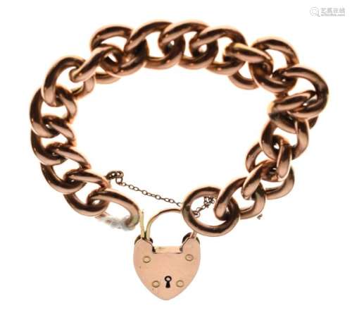 Yellow metal hollow curb link bracelet with padlock, 27.6g approx