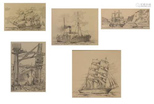 Frank Shipsides (Bristol Savages) - Five framed pencil drawings depicting various vessels including;