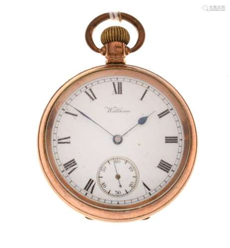 Yellow metal full Hunter-cased pocket watch, white Roman dial with subsidiary at VI, top-wound