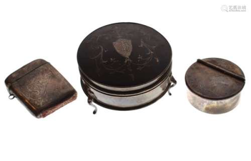 George V tortoiseshell and silver circular box and cover, Birmingham 1912, together with George V