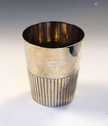George III silver beaker with ribbed decoration and inscription reading 'Birdsall Entry 1888 First