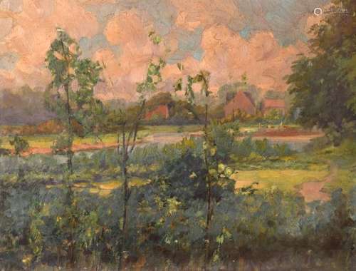 English School (circa 1900) - Oil on canvas - View across woodland clearing towards country