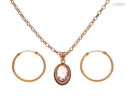 Yellow metal oval pendant set amethyst-coloured stone, together with a 9ct gold belcher-link