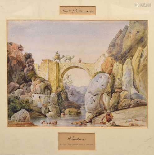 Captain Delamarre (18th/19th Century) - Watercolour - Alcantara, camels crossing an aquaduct, with