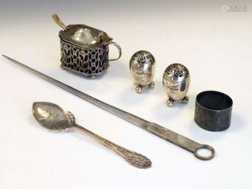 Various items to include; Edward VII silver mustard pot, Sheffield 1903, Victorian two piece cruet