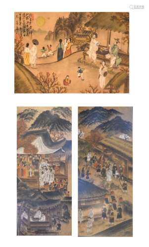 Three Oriental watercolours of figures before pavilions, the two larger 77cm x 32cm (3)