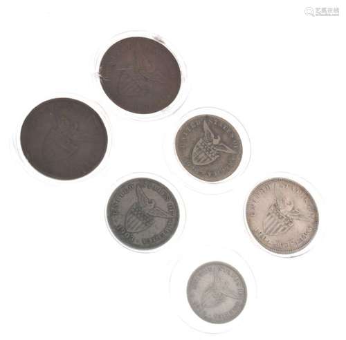 Coins - Four US Philippines silver coins, together with two bronze 1 centaeo (6)