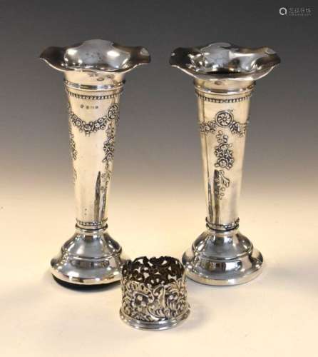 Pair of Edward VII silver tall bud vases, Birmingham 1907, 19cm high, together with a silver salt
