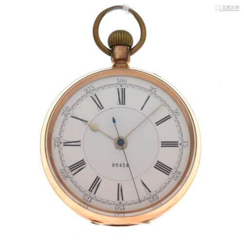 Yellow metal open face pocket watch, white Roman dial with centre seconds sweep numbered 82474,