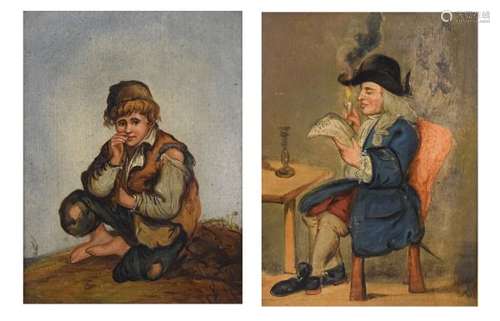 Two 19th Century oils on board - Figure reading a paper by candle light, and a peasant boy,