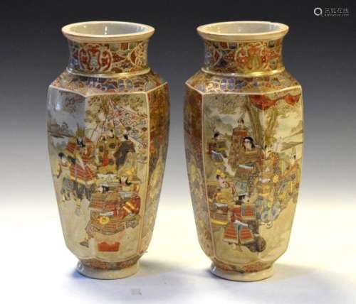 Pair of early 20th Century Japanese Satsuma vases, each of tapering hexagonal form with figural