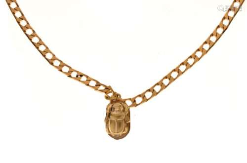 9ct gold curb link necklace, together with an unmarked yellow metal scarab beetle pendant with