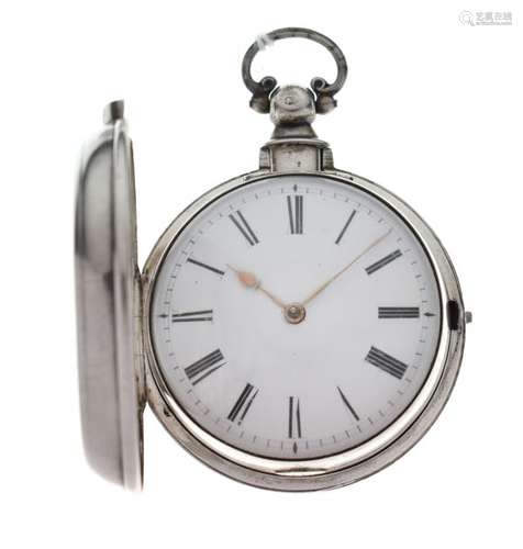 Early Victorian silver pair-cased pocket watch, white Roman dial, unnamed fusee movement numbered