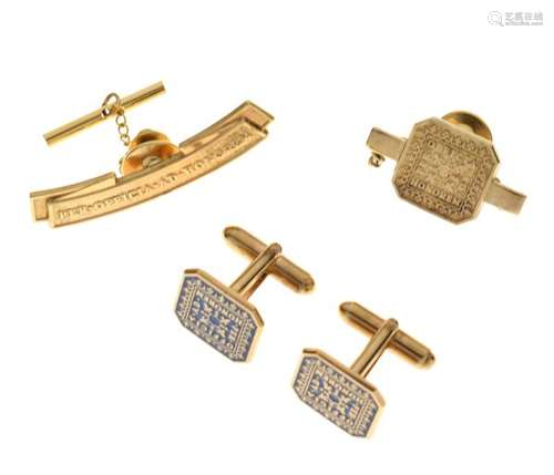 Pair of silver-gilt and enamel cufflinks, each with motto 'Per Officia Ad Honorem' (possibly