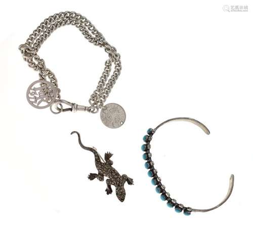 Silver curb-link bracelet or Albert of two-strand design, with coin and Silver Jubilee 1977 fobs,