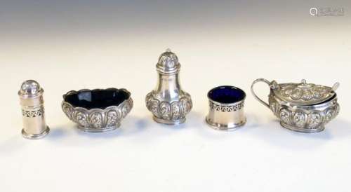 Edward VII silver three piece cruet set, Sheffield 1908/09, together with a two piece cruet set,