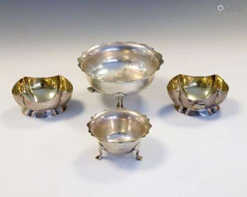 Pair of Victorian silver salts, London 1886, together with a George V dish, London 1914, and a