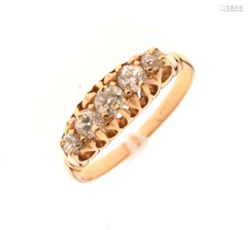 Yellow metal and five stone diamond ring, claw-set with graduated brilliants, indistinctly
