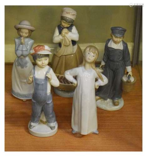 Five Lladro porcelain figures, together with one other Nao figure of a praying girl in hat, the