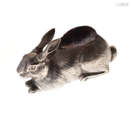 Silver pin cushion in the form of a rabbit, import marks for London 1989