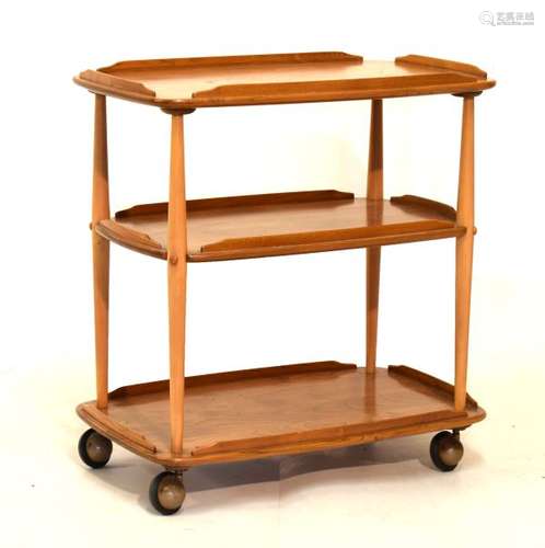 Ercol 'Golden Dawn' elm three-tier hostess trolley, 77cm wide x 75.5cm high