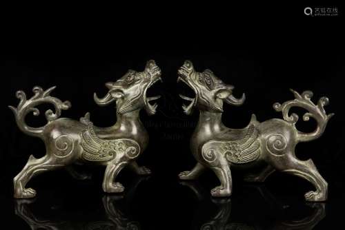 PAIR OF BRONZE CAST 'MYTHICAL BEASTS' FIGURES