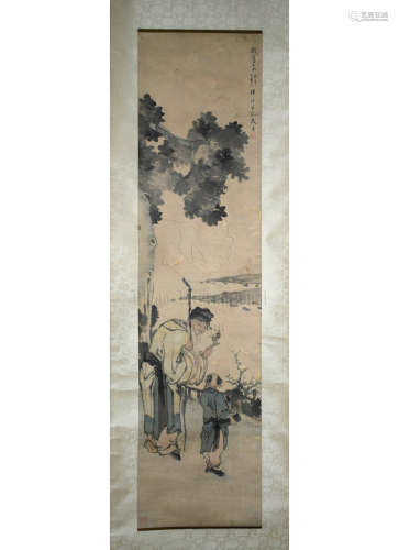 QIAN HUIAN: INK AND COLOR ON PAPER PAINTING 'ELDER AND ATTENDANT'