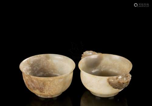 TWO CARVED JADE 'POETRY & FLOWERS' CUPS