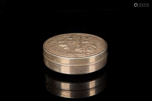 SILVER CAST 'HE-HE ER XIAN' ROUND BOX WITH COVER