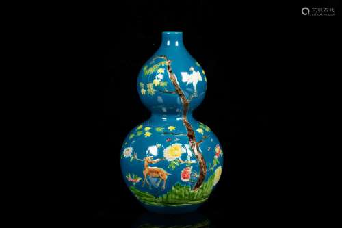 FAMILLE ROSE AND BLUE GROUND 'AUSPICIOUS' DOUBLE GOURD VASE