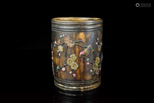 APPLIQUE BAMBOO 'FLOWERS AND BIRDS' BRUSH POT