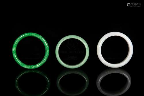 THREE JADEITE ROUND BANGLES WITH ONE CERTIFICATE