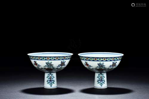 PAIR OF DOUCAI 'EIGHT TREASURES' STEM CUPS