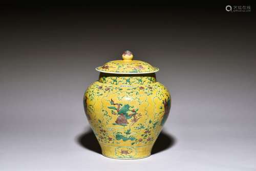 SANCAI GLAZED '18 ARHATS' JAR WITH COVER