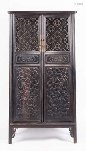 OPEN-WORKS CARVED ZITAN AND MIXED WOOD MEDICINE CABINET